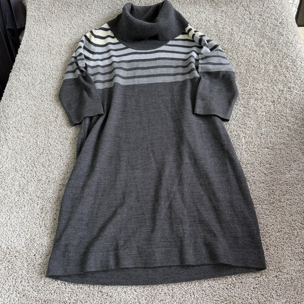 Connected Apparel Dress Womens PL Gray Striped 3/4 Sleeve Cowl Knit Sweater